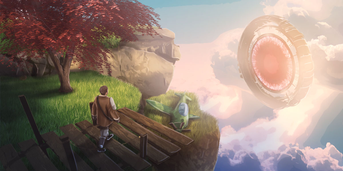 A flying island to explore on foot with a giant sky portal in the background